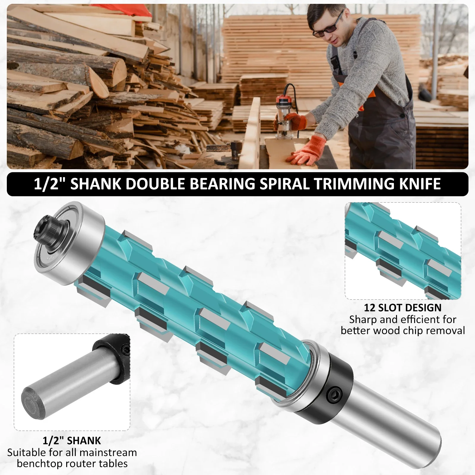 1/2" Milling Cutter Carbide Double Bearing Spiral Trimming Bit Shank Flush Trim End Mill for Softwood Hardwood Compression Board