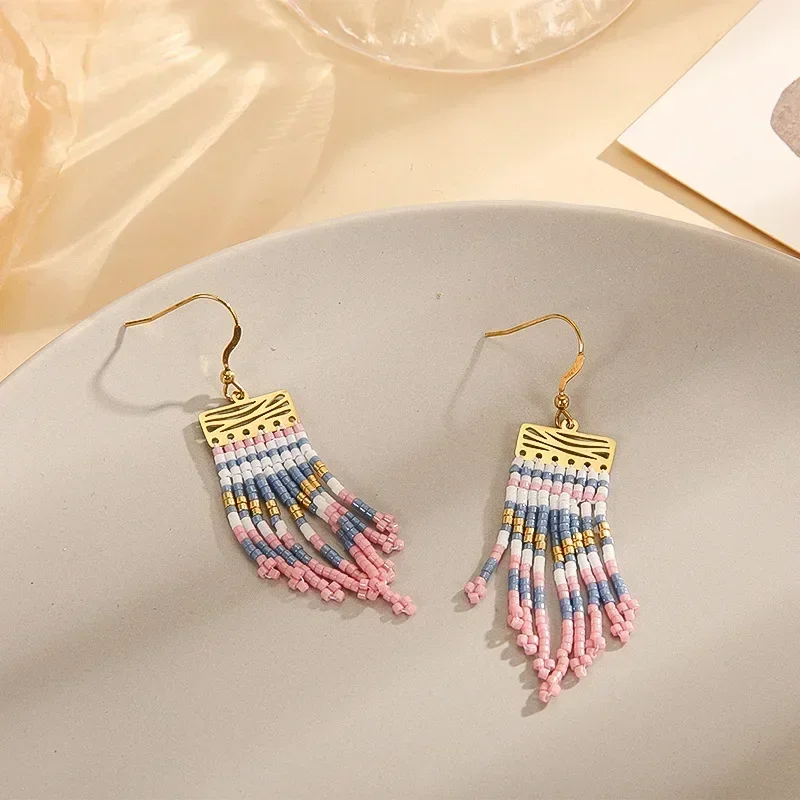 Beaded earrings Tassel Gradient color Originality Arrow Design Hand knitting Bohemia Alloy Versatile Simple Rice bead earrings