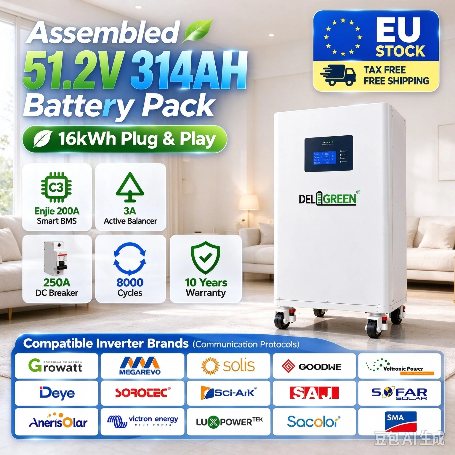 EU Stock Lifepo4 Battery Grade A 16kwH Assembled Pack 51.2V 314AH 8000 Cycles 3A Balancer Extinguisher 250A DC Break Plug Play
