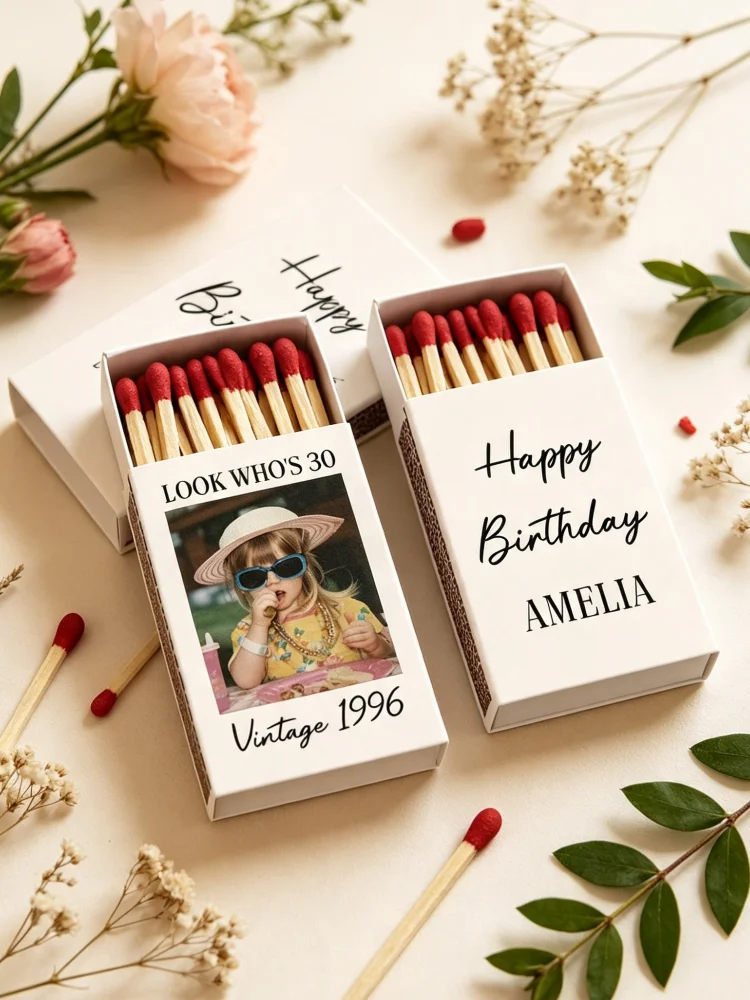 Personalized Retro Birthday Matchboxes Custom Photo Matchbook Bulk Party Favor Milestone Birthday Decor Guest Gift For 30th 40th