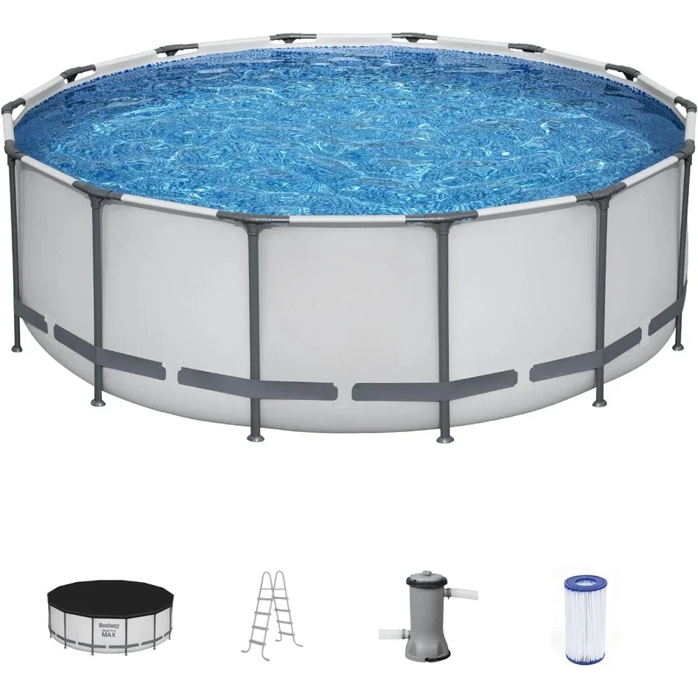 

Swimming Pool, 14' x 48" Gray Round Metal Steel Frame Above Ground Outdoor Backyard Family Swimming Pool, Outdoor Hot Tubs