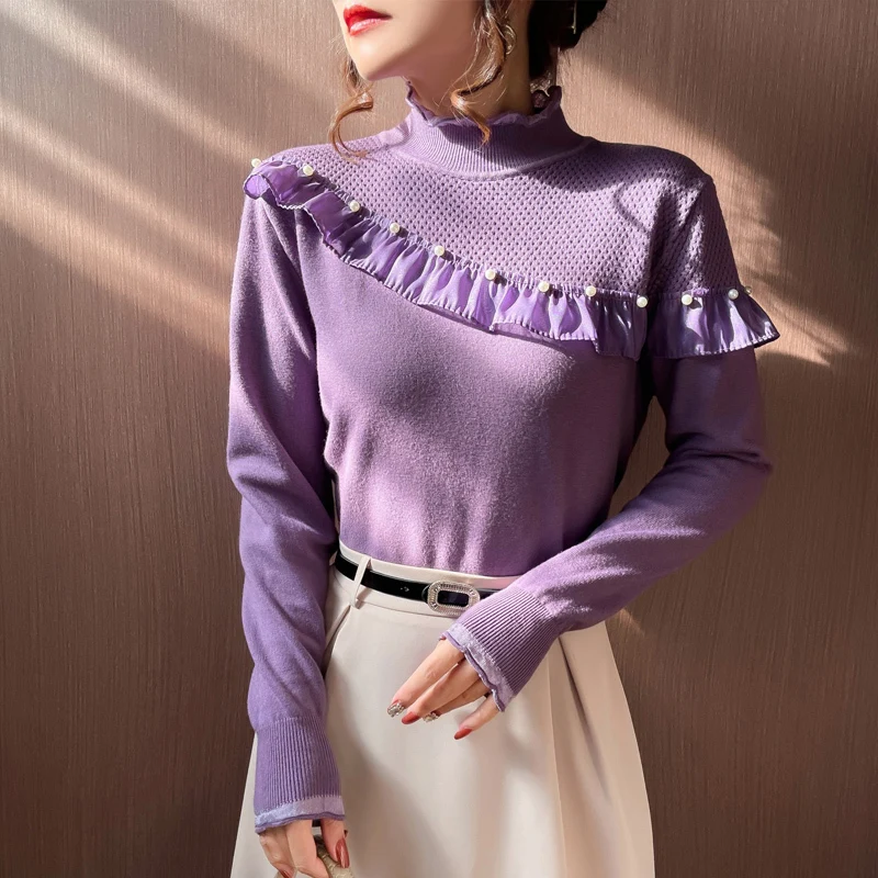 

Women Ruffles Turtleneck Knitted Sweater Hollow Out Long sleeve Stretchy Solid Pullovers Female Soft Warm Casual Slim Top Jumper