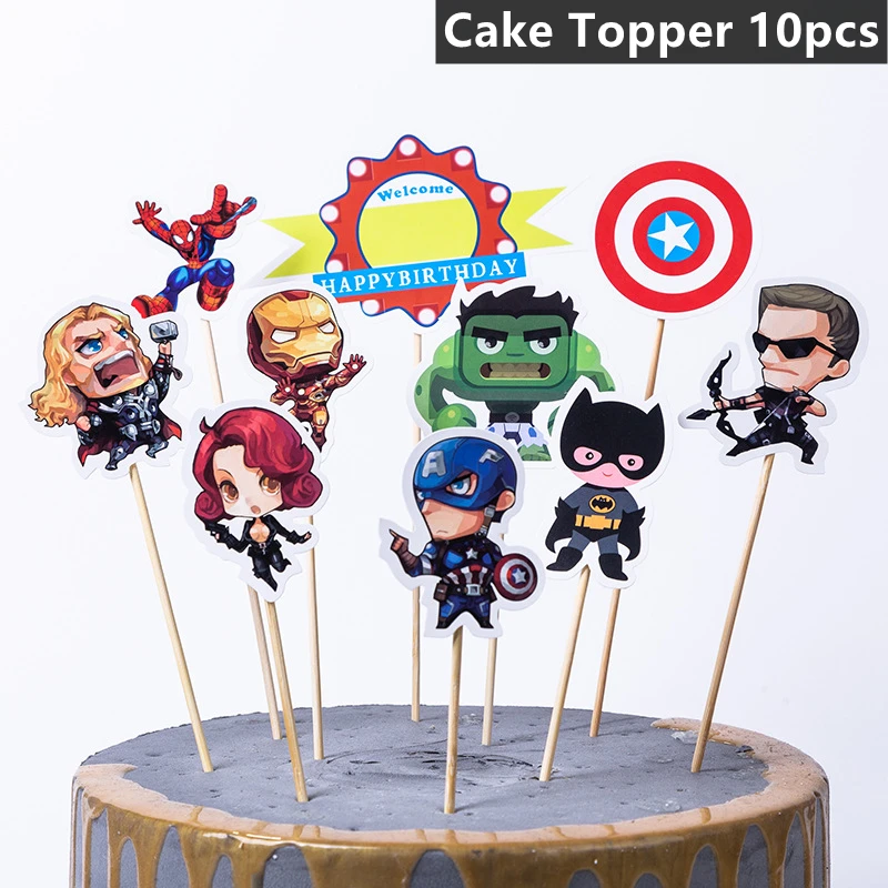 Marvel Party Superhero Birthday Supplies Avengers Spiderman Cake Topper Decor Iron Man Kids Baby Shower Cupcake Wrapper Toppers