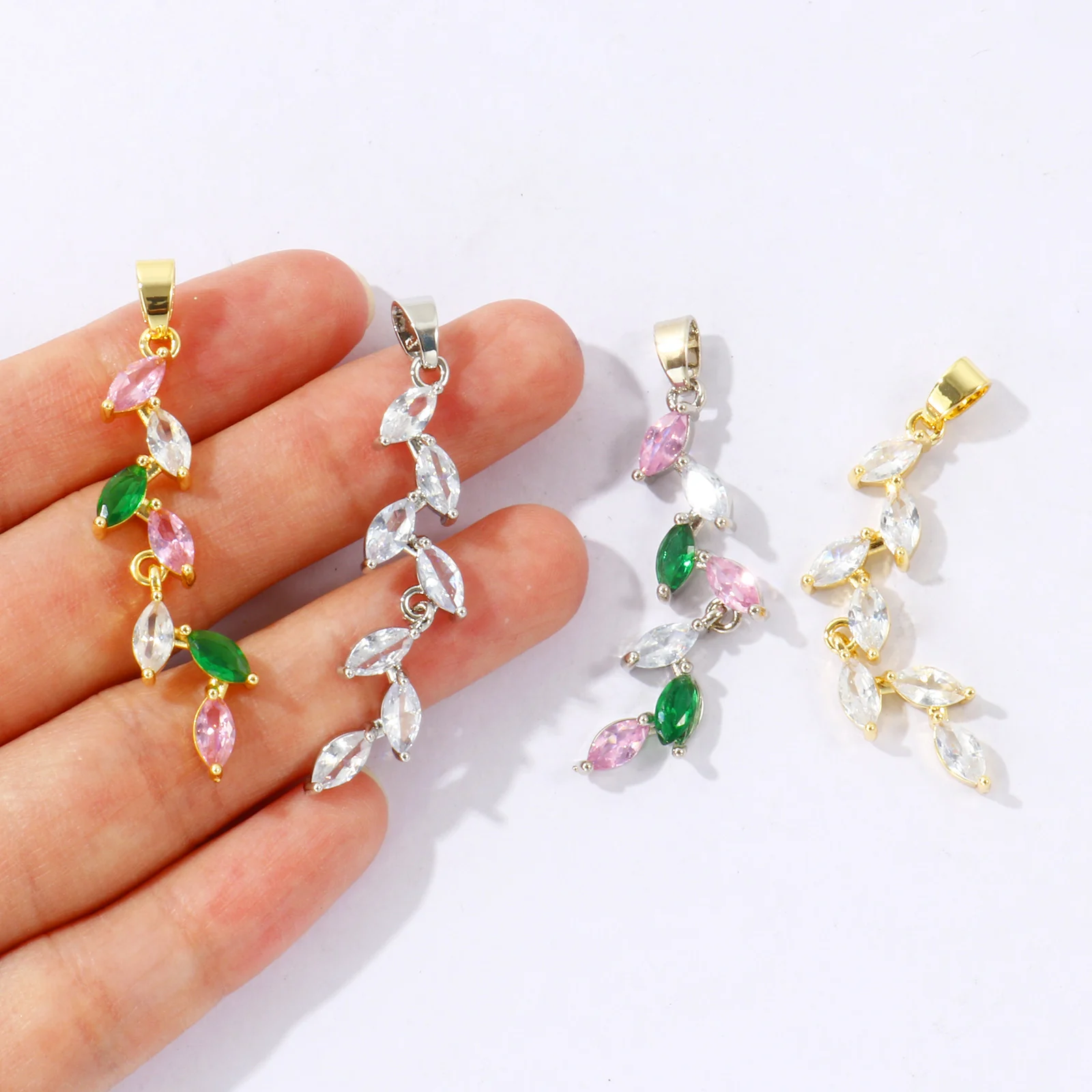 2 PCs Multicolor Brass & Cubic Zirconia Pendants Leaf Charms For DIY Necklace Earrings Jewelry Making Findings 4.8cm x 0.9cm