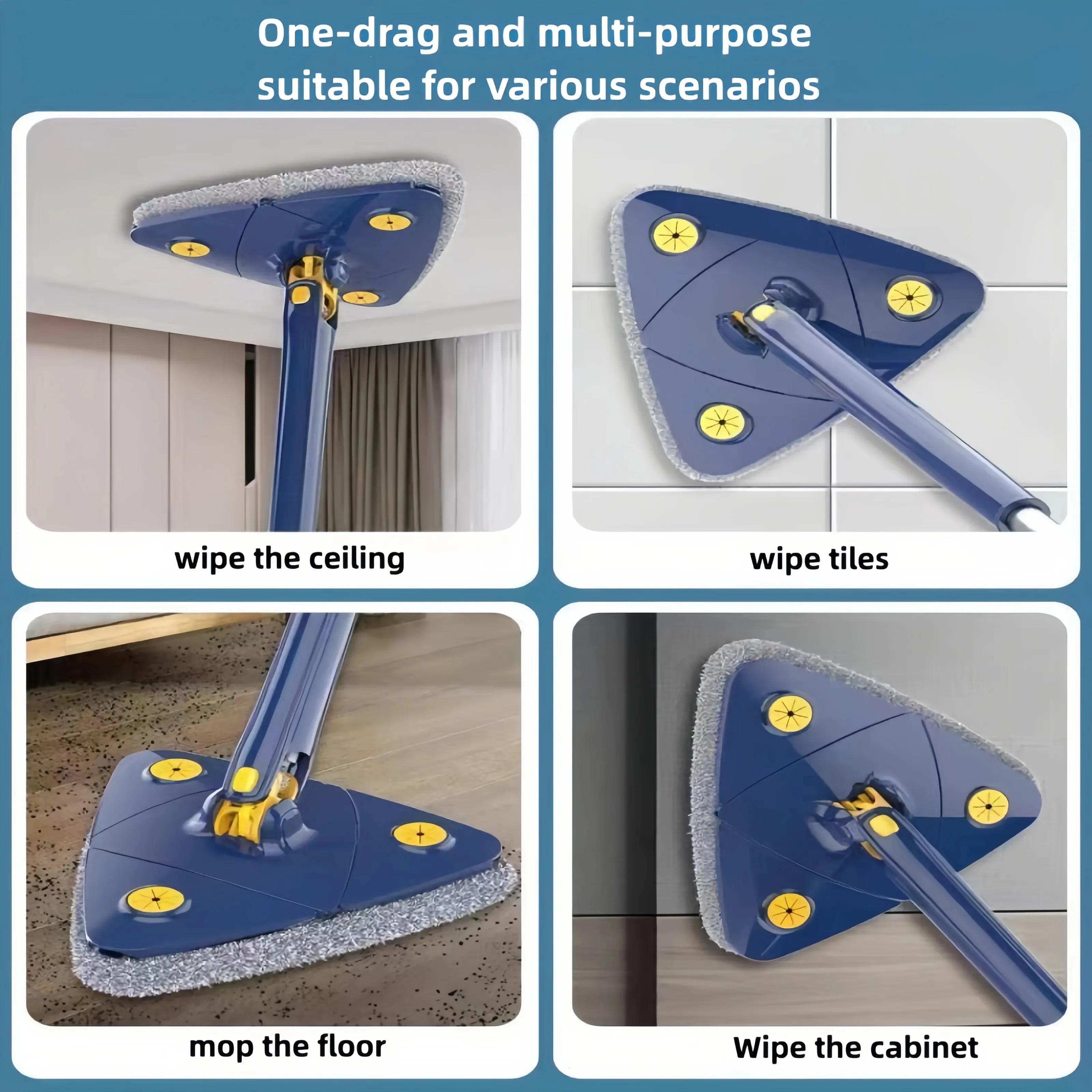 Triangle 360 Cleaning Mop Telescopic Household Ceiling Cleaning Brush Tool Self-draining To Clean Tiles and Walls