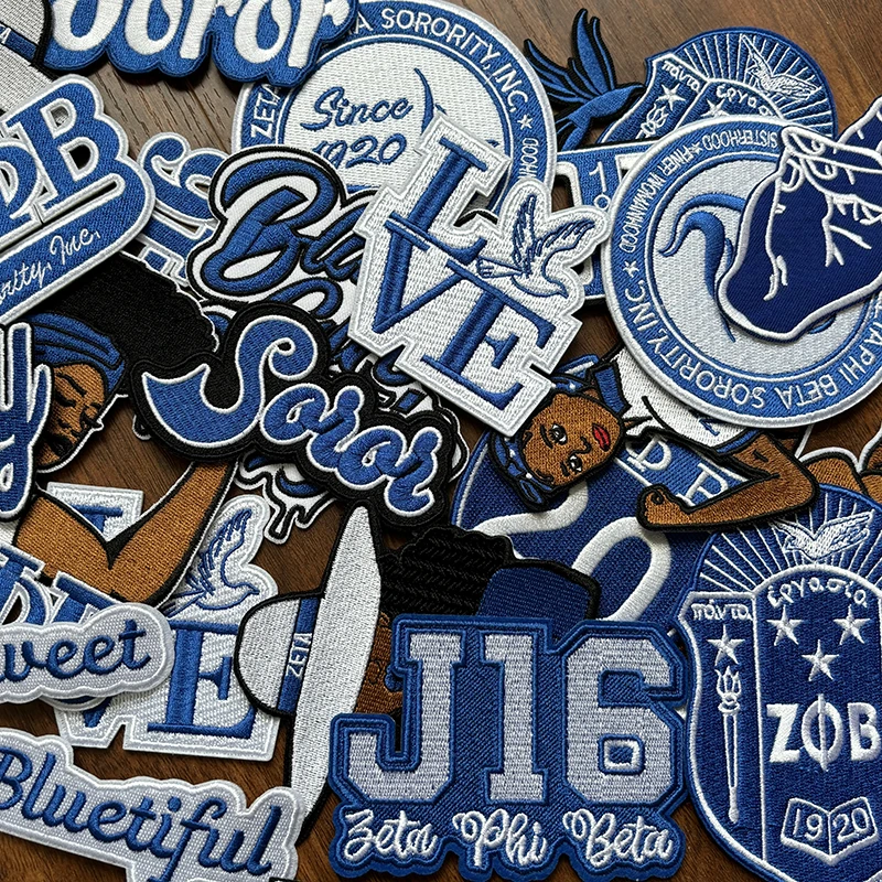 Serises Stock Blue & White Embroidery Sorority Zeta Phi Beta 1920 Soror Zeta Crest Round Zeta Hand Sign Iron Patch for Jackets