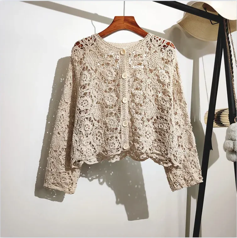 2024 spring and summer O neck long sleeve solid casual Hollow Cardigan Female Korean Lace Small Shawl Cotton Cardigan female