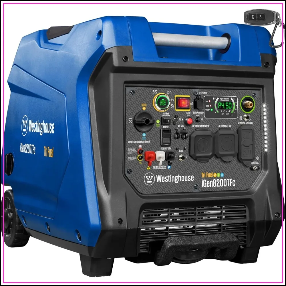 Tri-Fuel Portable Inverter Generator 8200 Peak Watt Remote Start Transfer Switch Ready