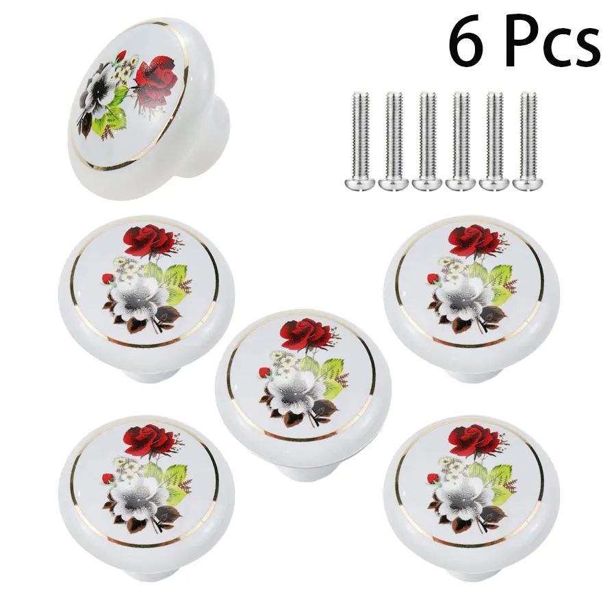 6 Pcs 1-1/2 inch Hand Painted Ceramic Knobs ,Kitchen Cabinet Retro Vintage Door Drawer Handles Pulls for Dresser(Red Rose).