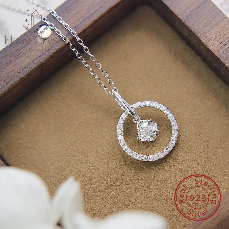 Real 925 Sterling Silver Circle Full Diamond Light Luxury Necklace Women Fashionable Simple Personalized Versatile Pendant Burst