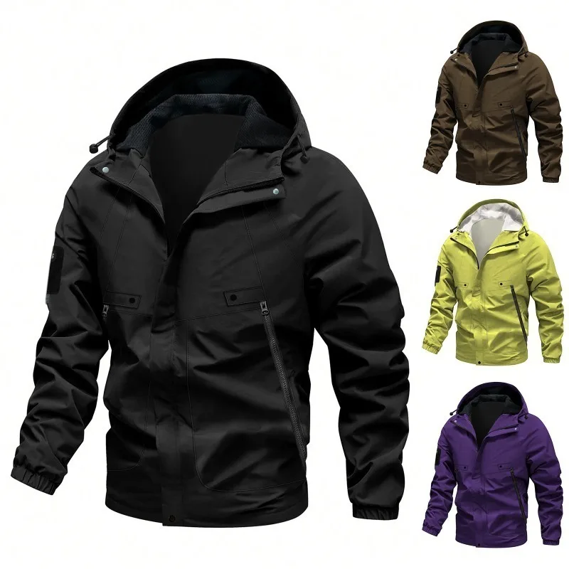 

Men's casual zippered hooded jacket, fashionable windproof jacket with zipper pockets, all-match workwear windbreaker coat
