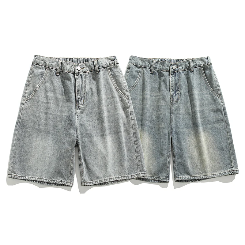 Summer Thin American Retro Loose Straight Leg Casual Wide Leg Jeans Youth Wear Five-Point Short Pants Cotton Polyester Blend