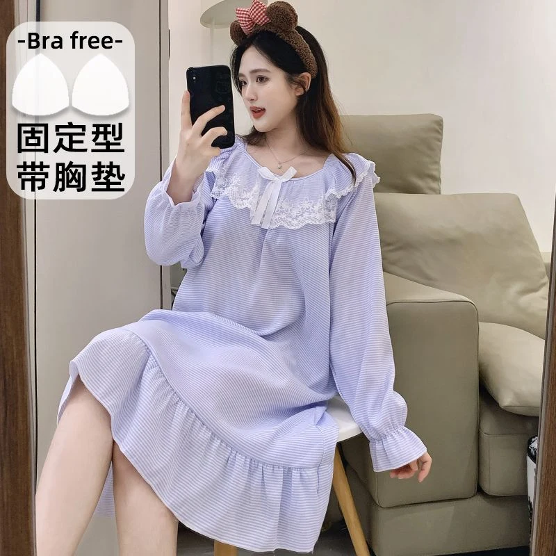 

2026 весенние повседневные полосатые хлопковые ночные рубашки с длинными рукавами для женщин, корейская милая кружевная одежда для сна, ночное платье, ночная рубашка, домашняя ночная рубашка