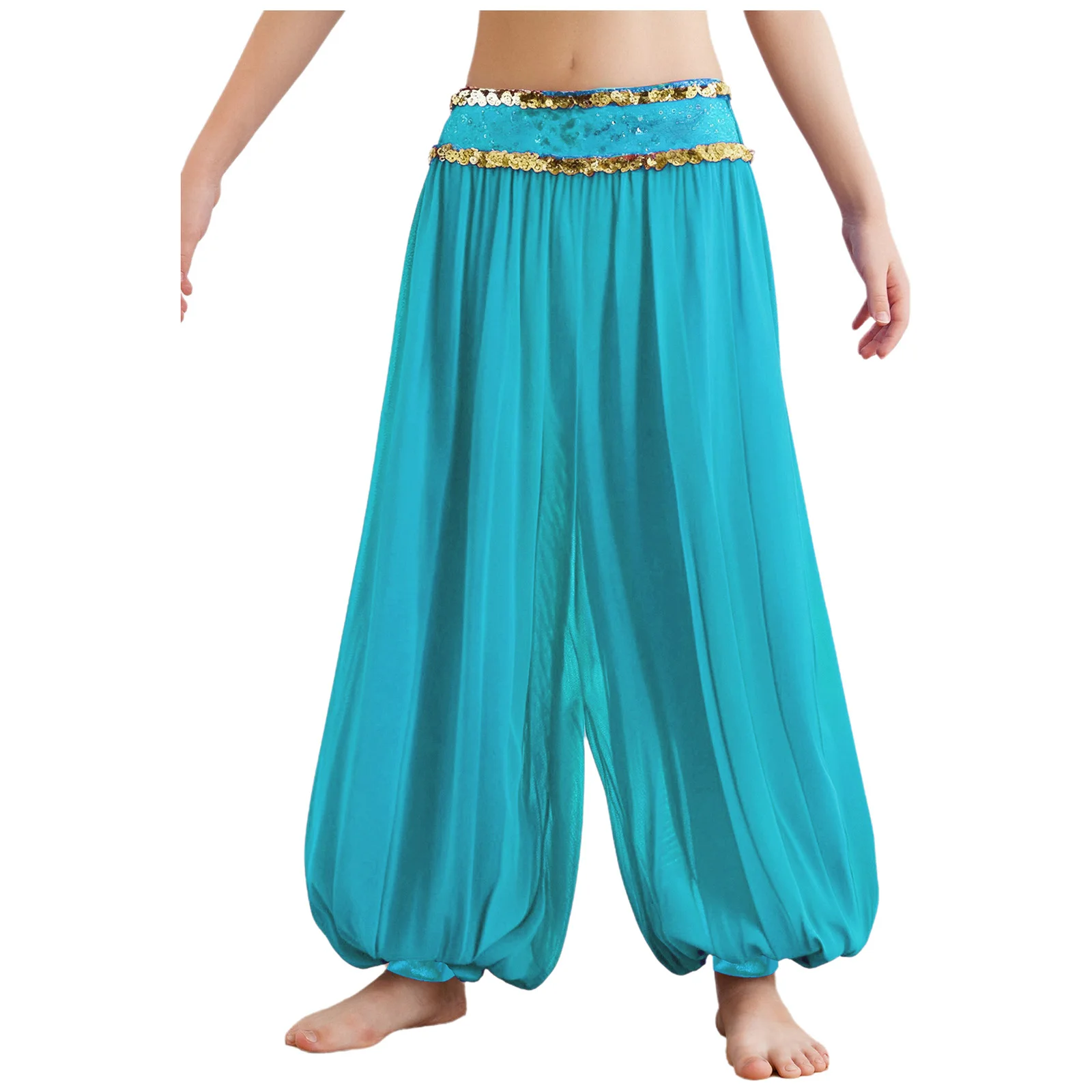 Pantaloni da danza del ventre per ragazze per bambini Paillettes scintillanti Cintura con cerniera laterale Bloomers in rete trasparente Festa a tema Halloween Abbigliamento da ballo indiano