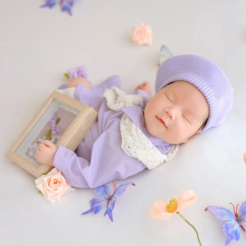 Puntelli per fotografia neonato Berretto lavorato a maglia stile signorile + Top + Pantaloncini Fiore artificiale Farfalla Puntelli Abiti fotografici per studio infantile