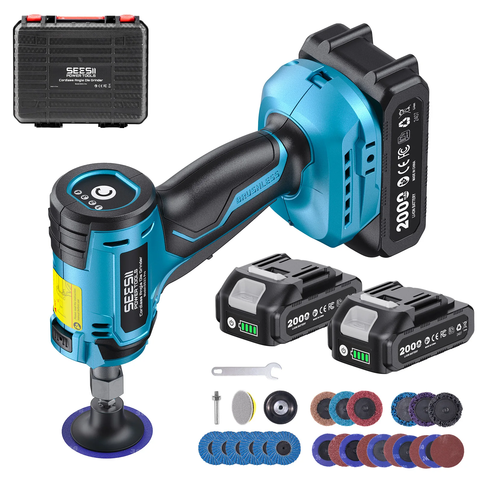 Seesii 1/4' Cordless Right Angle Die Grinder Kit 90 Degree Electric Polisher Machine Set 2.0Ah Battery No Air Compressor or Hose