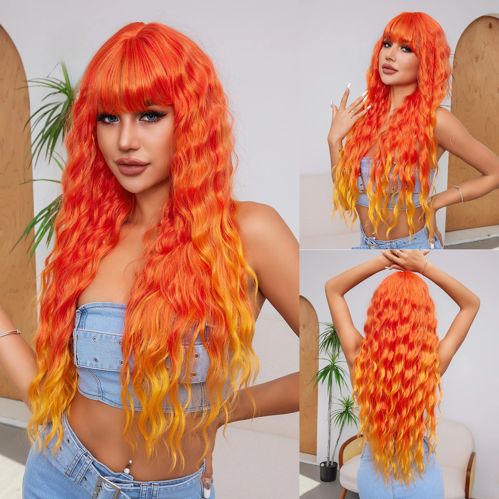 Franja de laranja ondulada longa para mulheres pretas e brancas, cabelo sintético, fibra resistente ao calor, perucas de festa cosplay