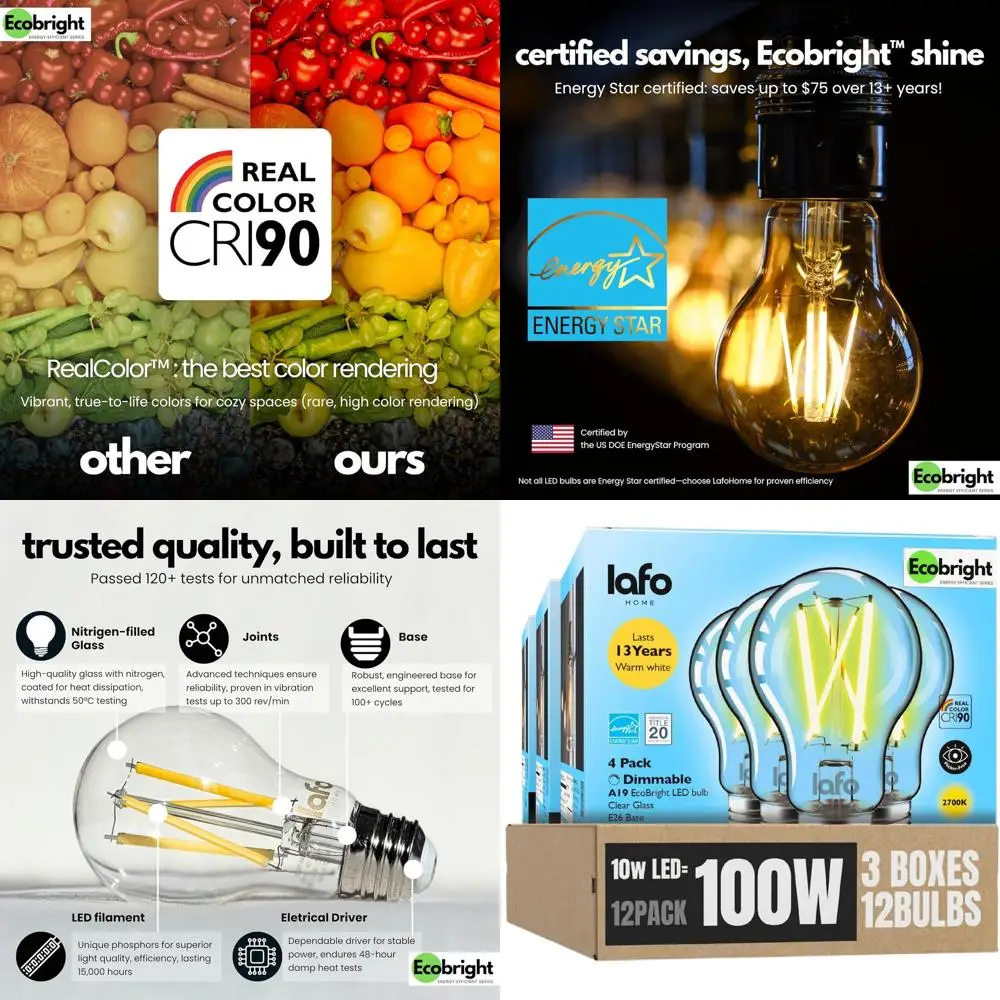 

12 Pack 10W Dimmable A19 LED Filament Bulbs, 100W Equivalent, 1100 Lumens, Warm White 2700K, E26 Base, CRI90, Clear Glass, Flick