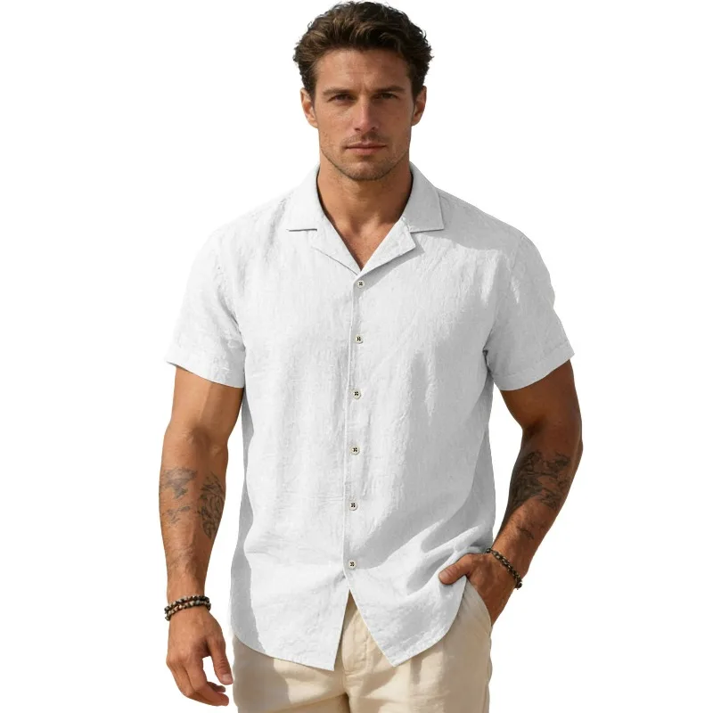 KIDWHXR Man Summer T-shirt Vintage Simple Cotton Linen Short Sleeve Male Top Thin Single-breasted Breathable Men Casual Tees