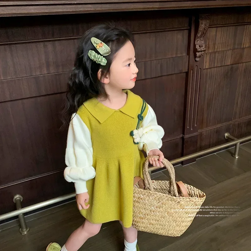 Girls Dresses 2024 Autumn New Collection Fashionable Knitted Skirt with Western Style Baby Girl Autumn Long Sleeved Skirt image 2