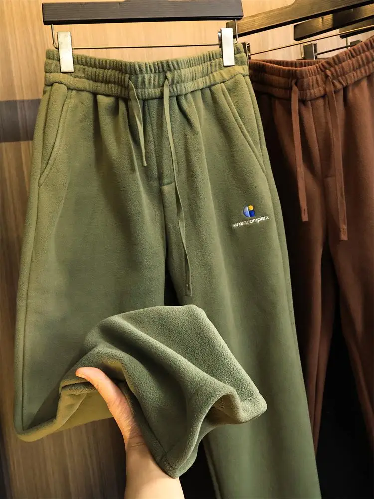 

Warm Fce Lined Casual Pants for Men Exquisite Embroidery Soft Thiened Autumn Winter Faion Straight Leg Trousers