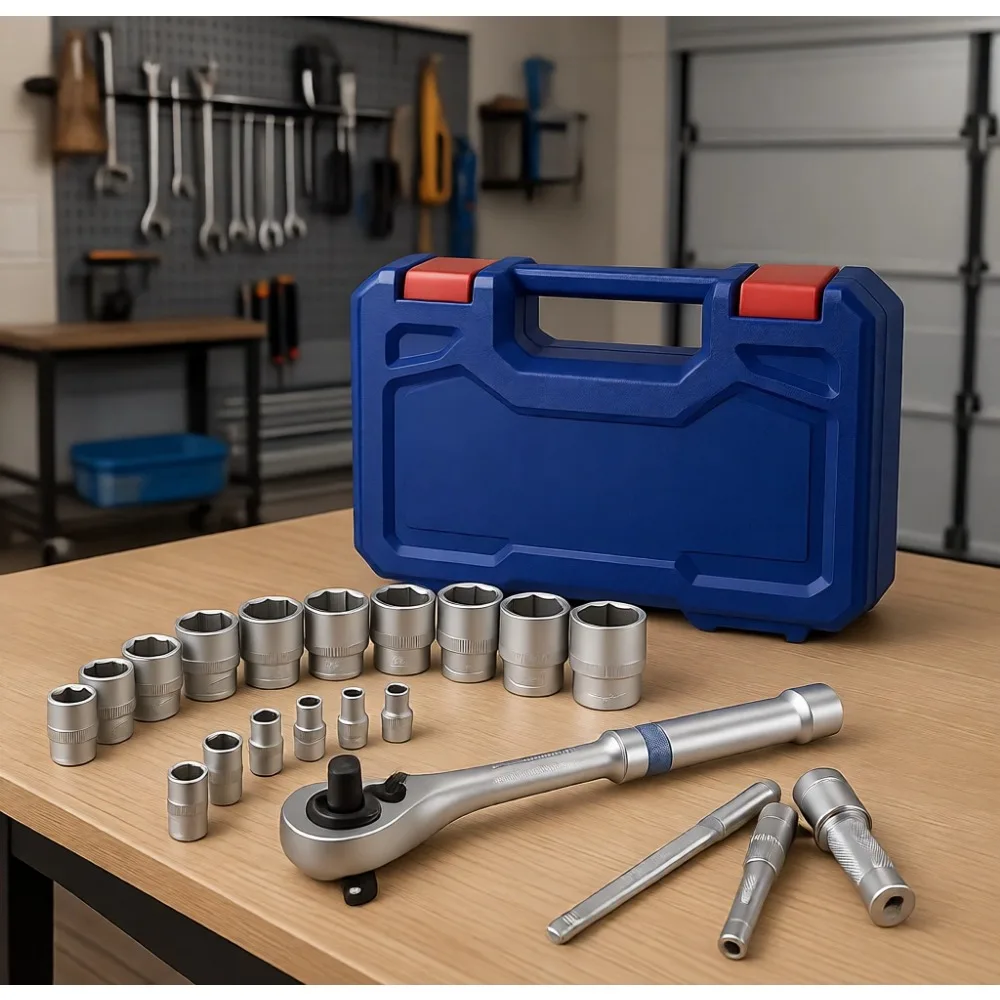 

Набор торцевых ключей из 22 предметов с трещоткой 3-в-1, приводами 1/4, 3/8, 1/2 дюйма, метрическими головками, удлинителями и ящиком для хранения для авторемонта