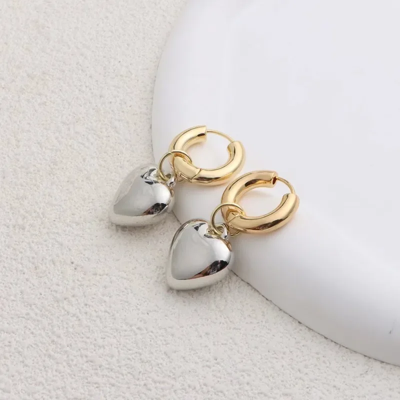 Minar Delicate Silver Color Metallic Love Heart Hoop Earrings For Women Real Gold Plated Brass Huggie Earring Party Jewelry
