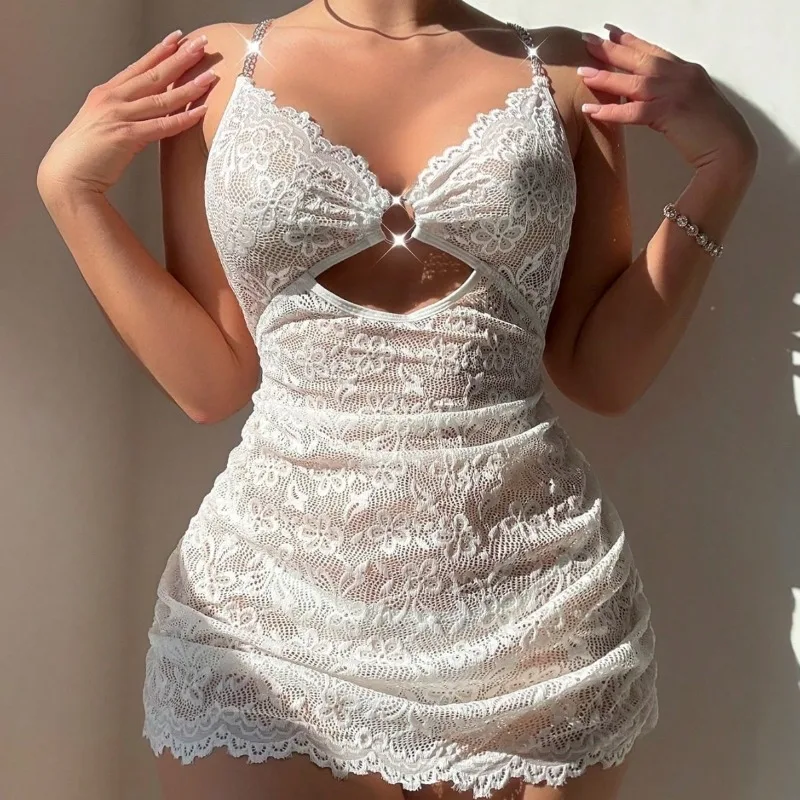 plus size European American sexy lace camisole nightgown hollowed out perspective sexy lingerie  hip skirt dress lender pajamas