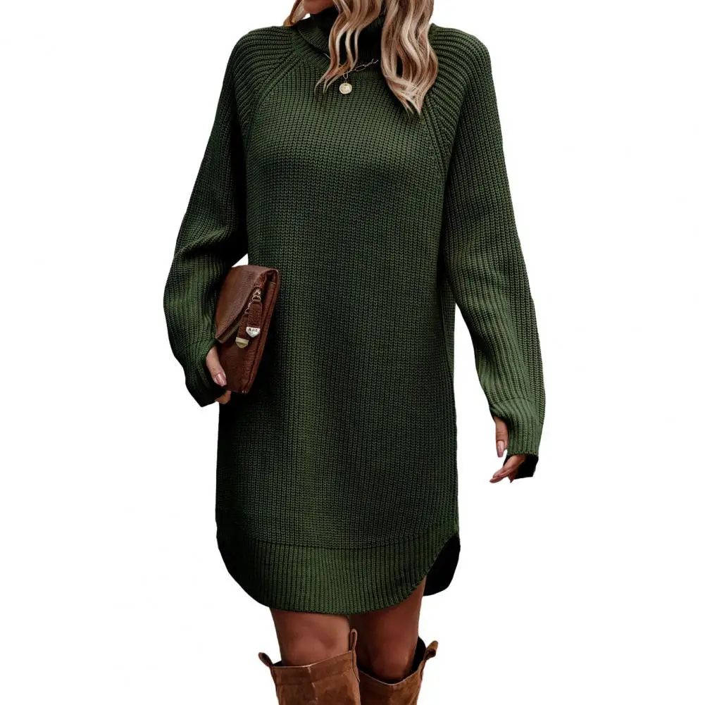 

Women Knitting Dress Stylish Turtleneck Knitting Dress with Side Split Hem for Women Solid Color Ribbed Mini Sweater Dress