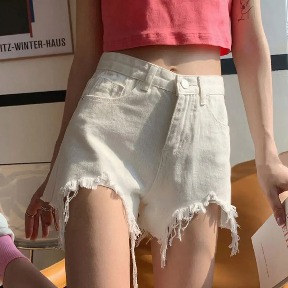 2024 Damen Jeans Shorts zerrissen Loch hohe Taille Knopf Reiß verschluss Slim Fit A-Linie Taschen aus Strand Casual Shorts Jeans