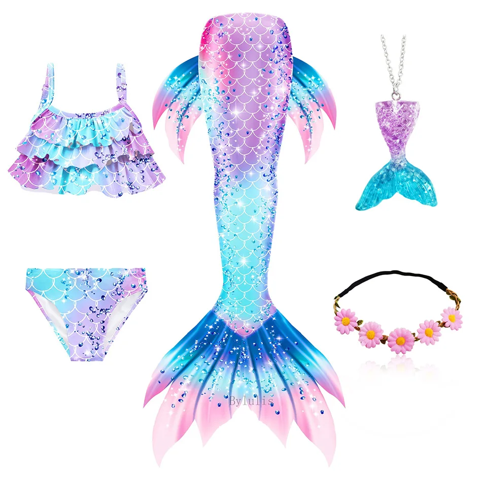 Traje de Baño de Cola de Sirena para Niñas, Bañador de Playa de La Sirenita, Disfraz para Fiesta de Cosplay, Set de 5 uds.