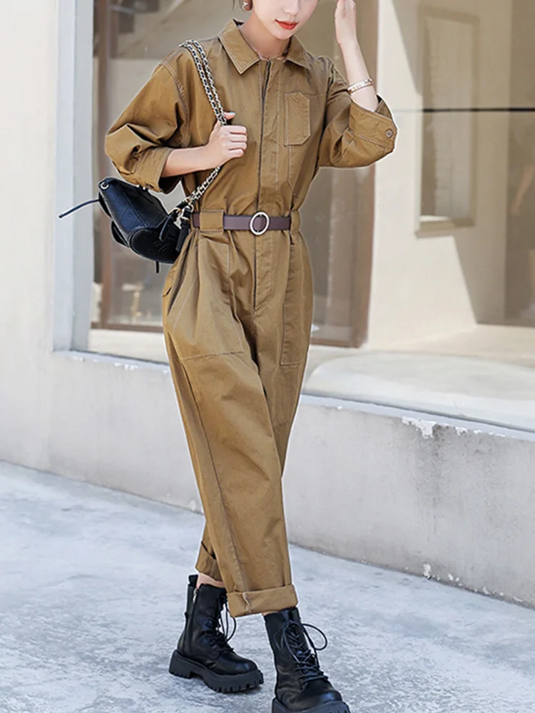 ENjoyce Spring Fall Women Vintage Khaki Three Quarter Sleeve Jumpsuits Cotton Romper Ladies Streetwear Loose Bodysuit Overalls