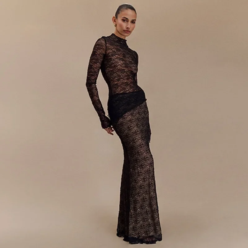 2025 T-shirt trasparente a maniche lunghe alla moda in due pezzi da donna nuova 2025, set gonna sexy slim fit da Europa e America