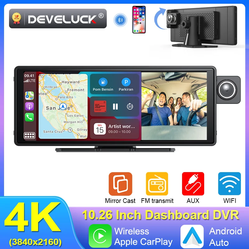 

4K Car DVR 180° Flip Dash Cam Wireless Carplay & Android Auto Dual Lens Rear Camera GPS Navigation Mirror Video Player AI Voice