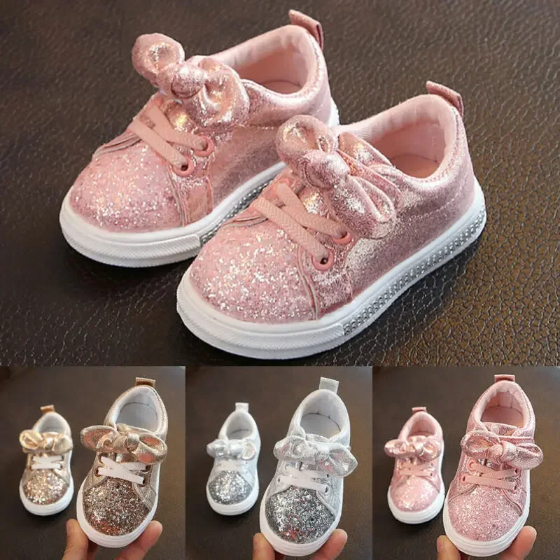 

Girls Child Soft Sole Sports Shoe, Kids Sequins Bling Casual Sneakers, Cute Bowknot Shinny Shoes