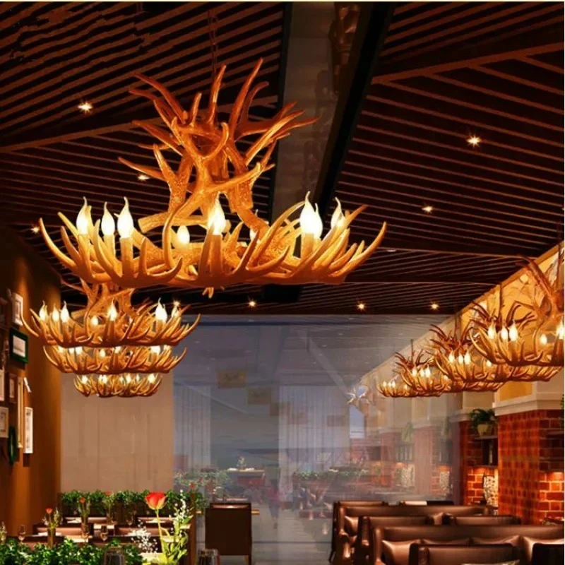 TYU Deer Horn Resin Antler Chandelier E14 Bulb American Retro Resin Horn Deer Lamps Indoor Home  Rustic Decoration Lighting