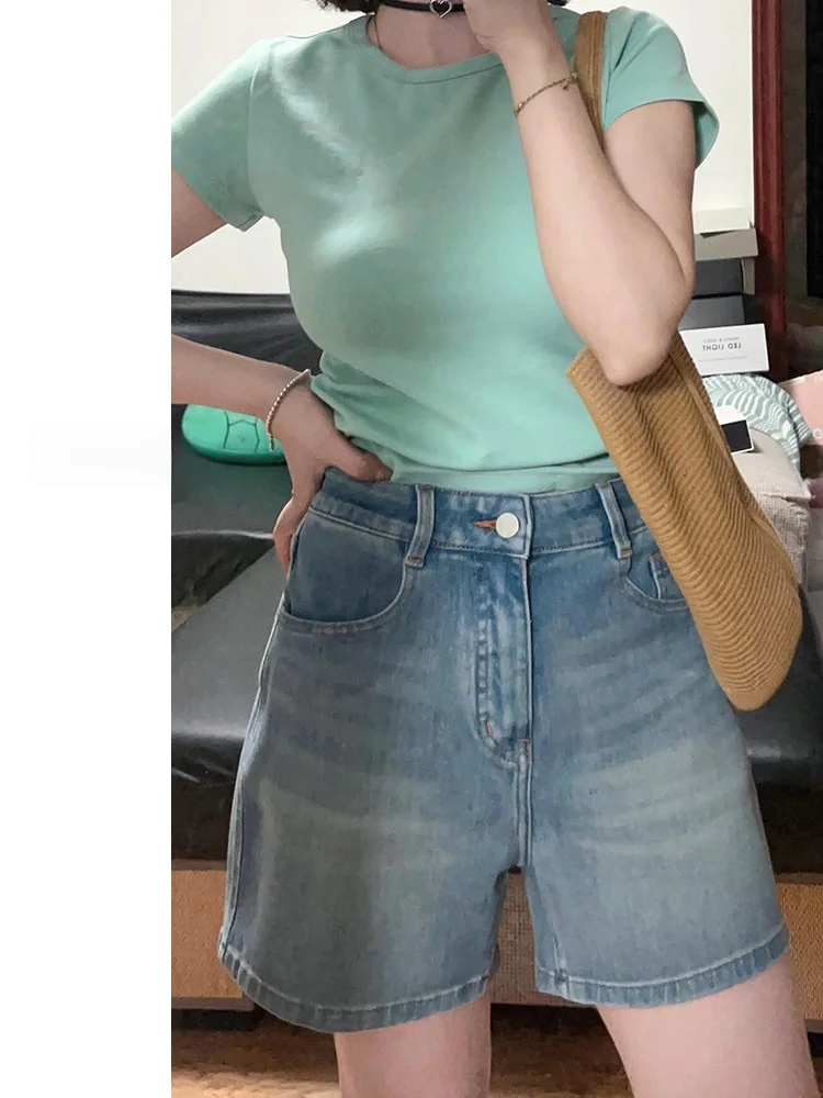 

Retro Blue Denim Short Pants Women Summer Loose Slim High Waist A-Line Wide Leg Hot Pants Casual High Waist Wide Leg Jeans