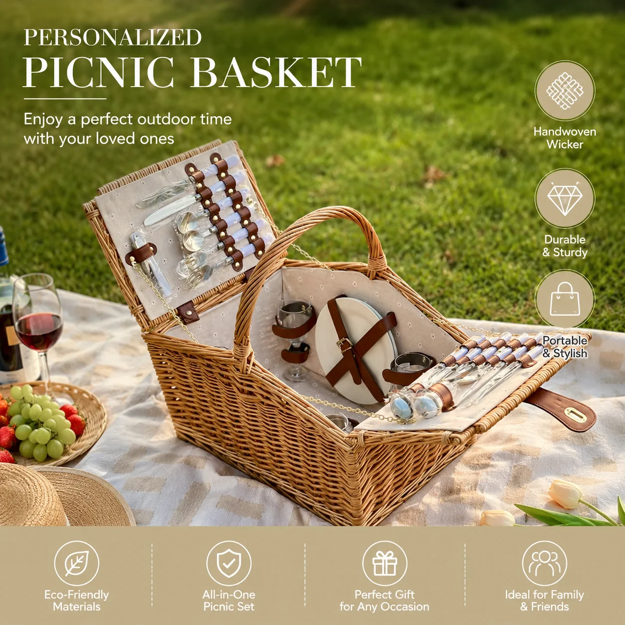 

Woven Handheld Picnic Basket With Lid, Ins Style Cutlery Storage Basket For Outdoor Use,Personalized Picnic