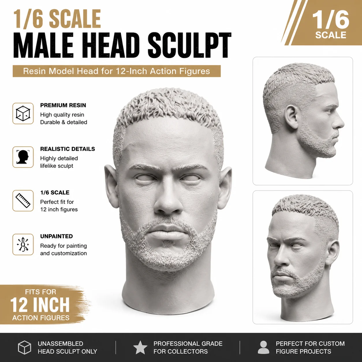 

1/6 Scale Realistic Male Head Sculpt Resin Bust Model Kit Unpainted for 12'' Action Figure Custom DIY Painting Model