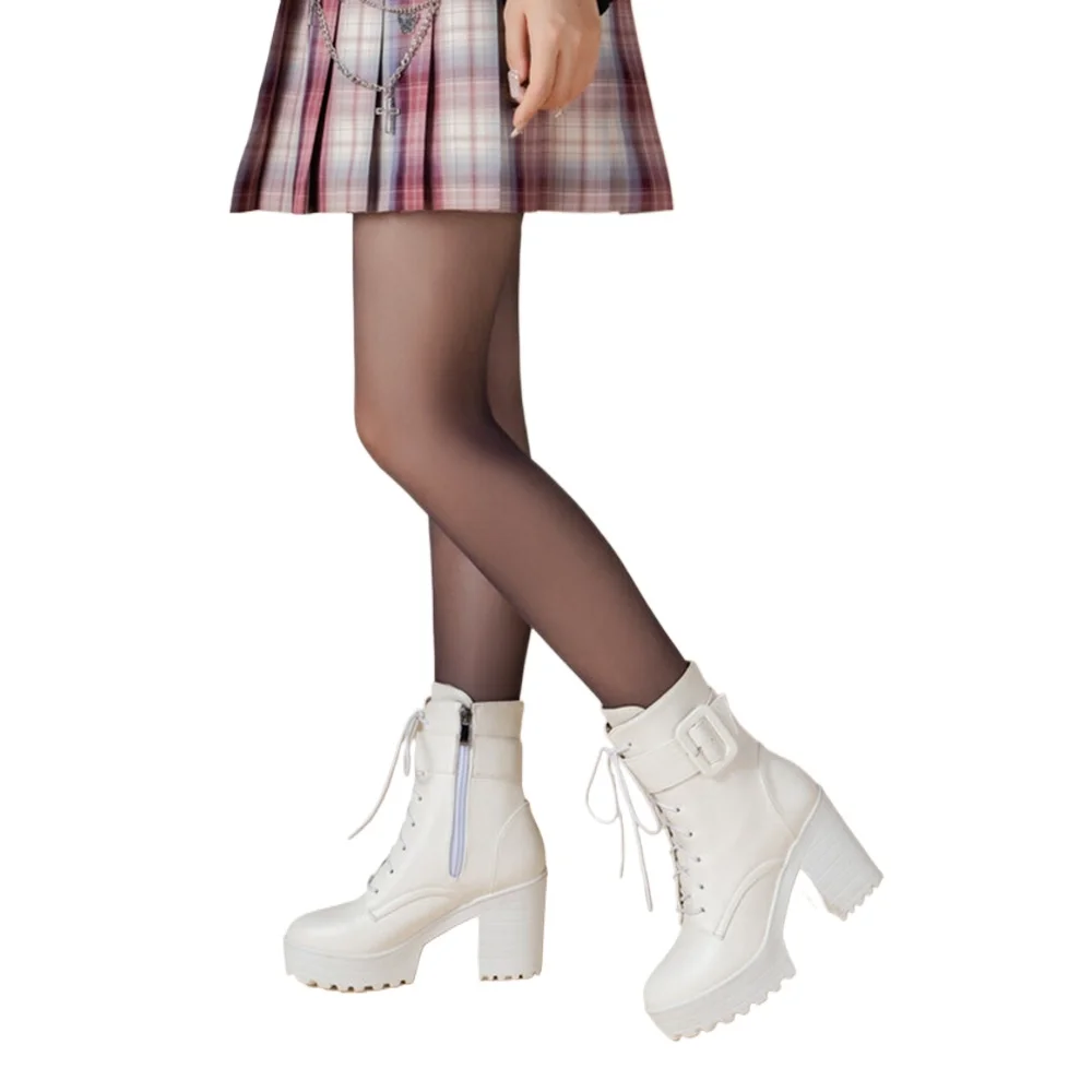 Punk White Black Boots Women Zipper Lace-up High Heel Bride Maid Cosplay Ankle Boots Rubber Upper Material Girls Platform Shoes image 4