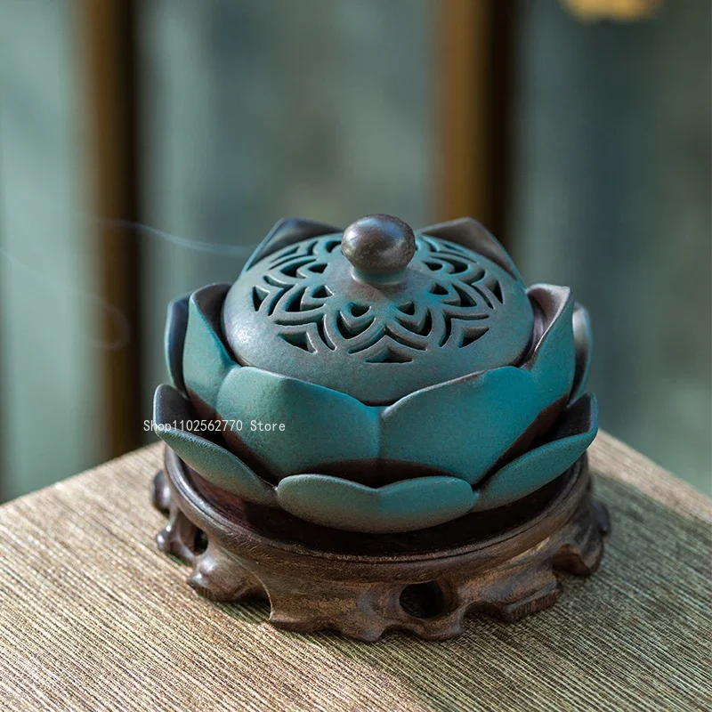 Imitation Ancient Ceramic Lotus Incense Coil Furnace Wooden Aromatherapy Base Home Interior Tea Ceremony Supplies Incense Tool