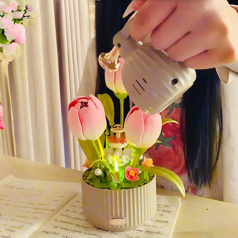 New Dynamic Building Block Flower Electric Assembly Tulip Watering Can Control Flower Bouquet Atmosphere Decoration Girl Gift