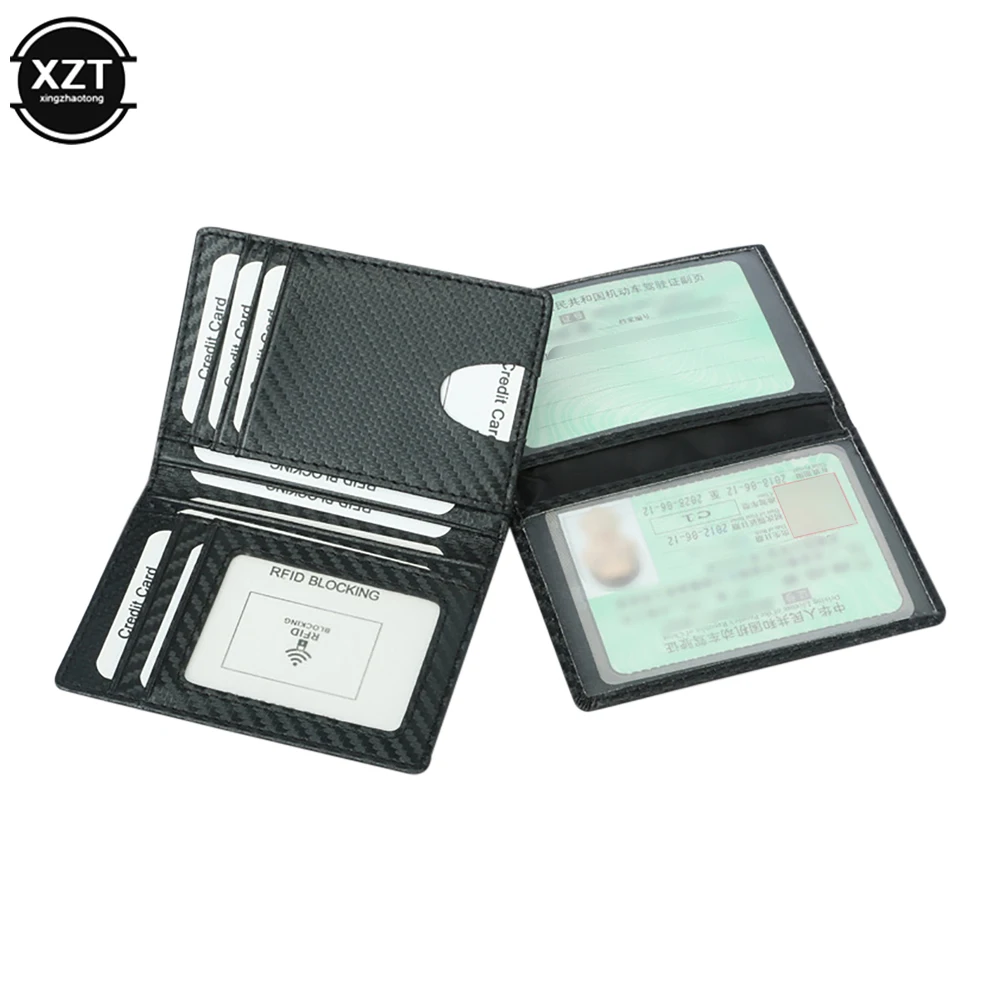 New RFID Blocking Slim Carbon Fiber Leather Wallet With A Clip Men ID Card Holder Front Pocket Bifold Male Metal Clamp For Money