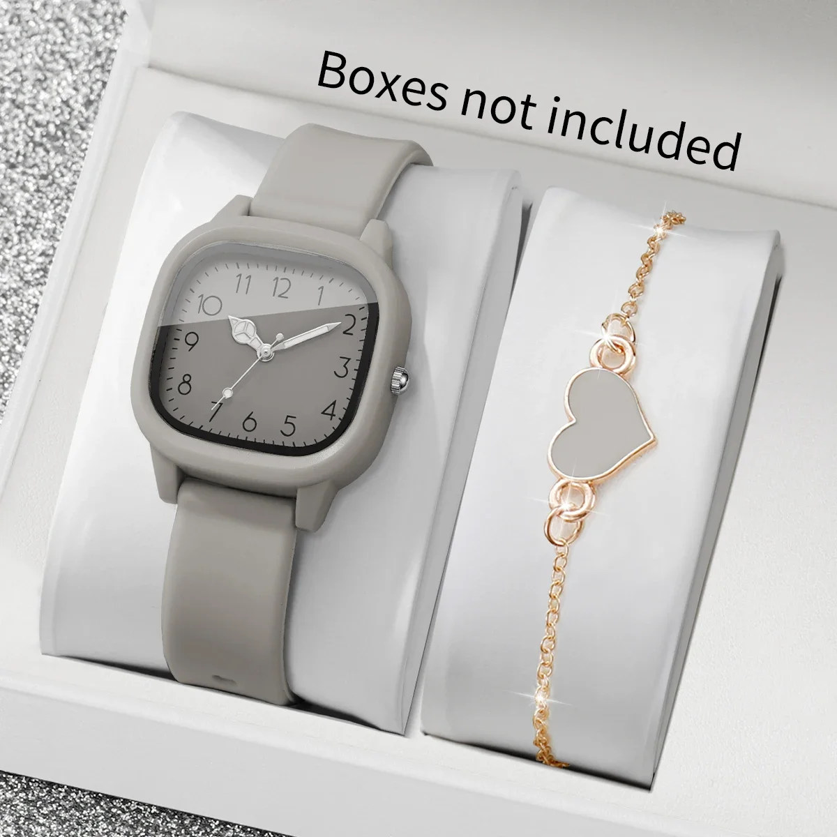 2PCS/Set Fashion Square Dial Women Watch Heart Bracelet Set Grey Silicone Strap Quartz Wristwatch Relogio Feminino (Without Box)