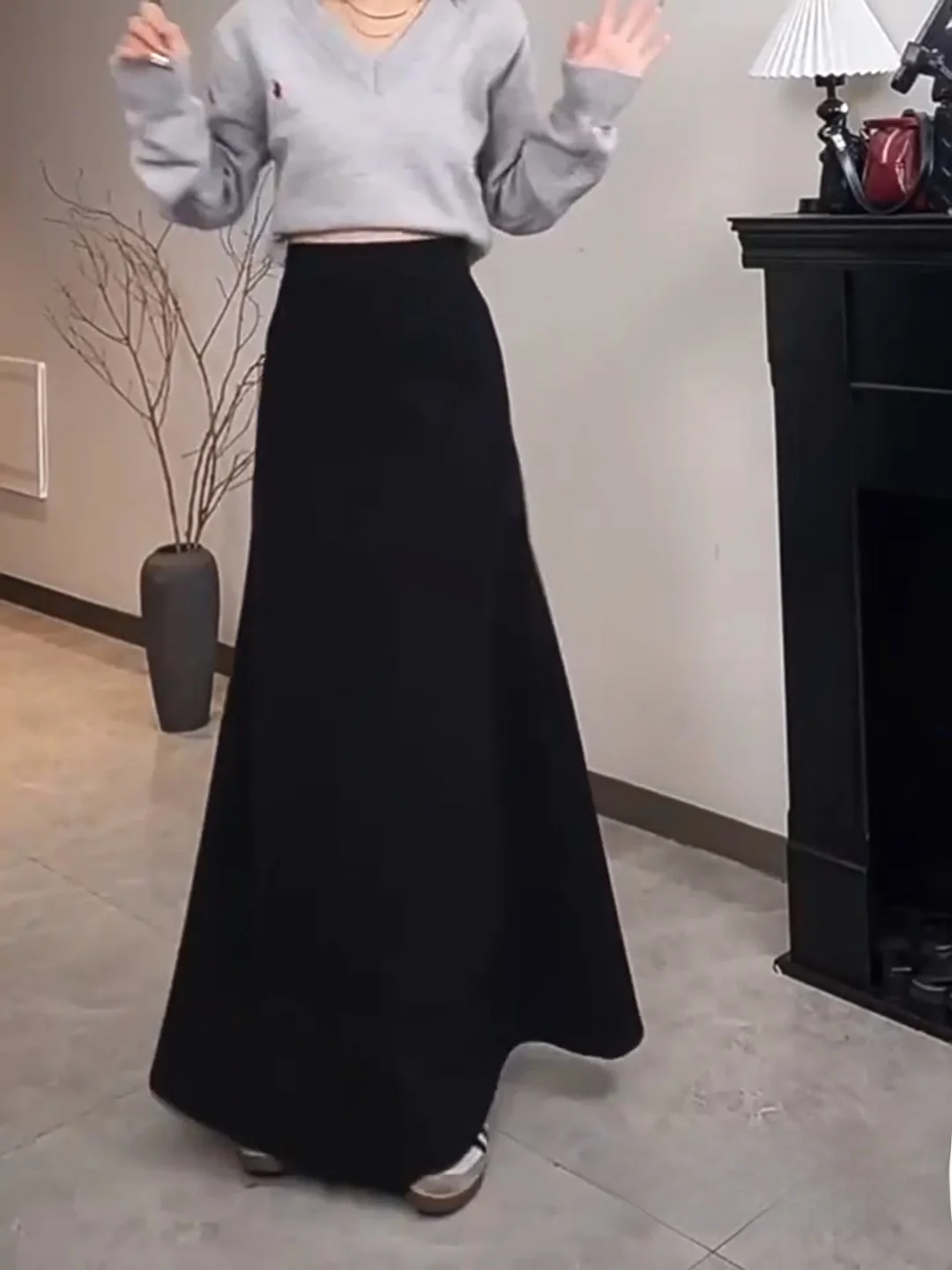 

Retro Bla Draped f-length Skirt High-waist Ele Long Dr Versatile Faionable Autumn Winter New Sle Women's Skirt