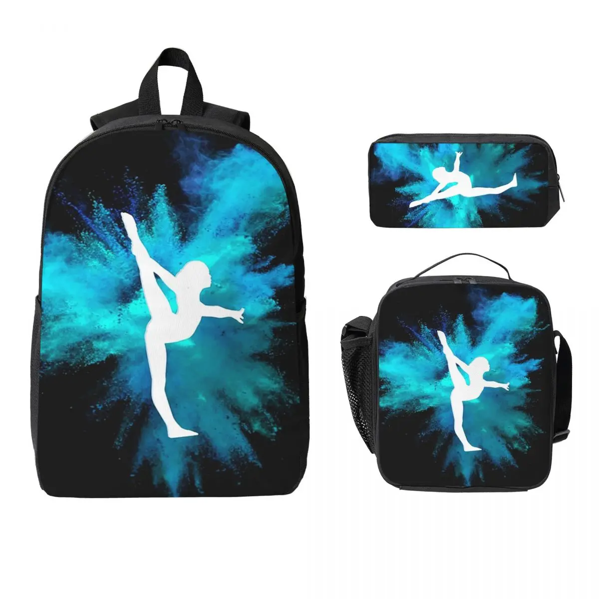 Gymnast Silhouette Blue Explosion Backpack Boys Girl BookBag School Bag Laptop Shoulder Bags 3ps Insulated Lunch Bag Pencil Case