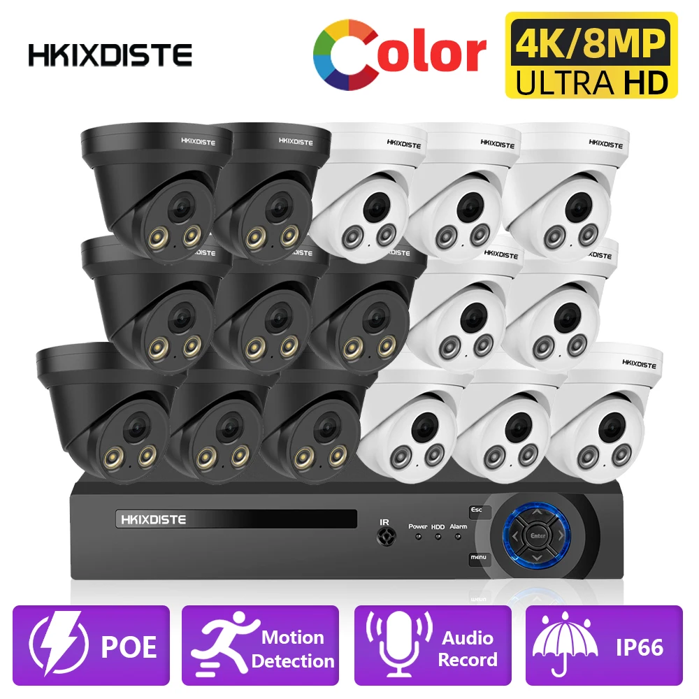 H.265 CCTV Security Camera System 16CH 4K POE NVR Kit Dome Audio Record 8CH 8MP IP66 Waterproof Video Survrillance Ip Camera Set