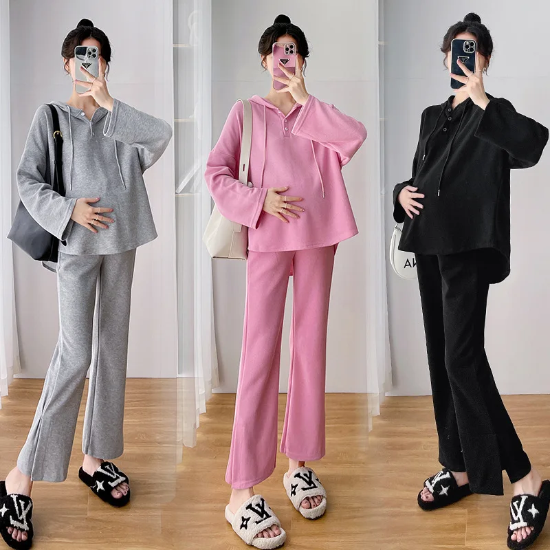 2pcs Pregnant Women Clothes Autumn Maternity Suit 2023 New Fashion Casual Spring Sweater Pants Clothing Set Pullover Hoodie Suit