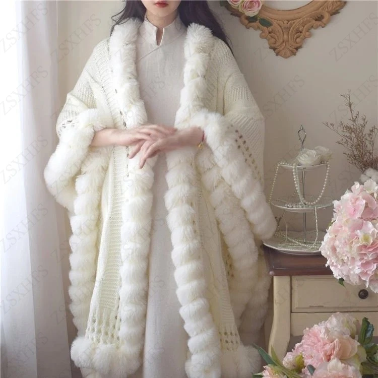 Winter Wraps Long Faux Rabbit Fur Cape Poncho knit Loose Thick Warm Shawl Outerwear Fashionable Eleagnt Knitted Cloak Overcoat