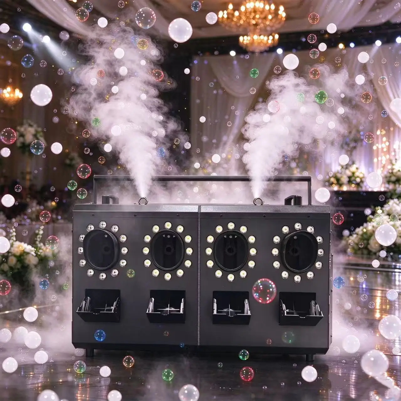 4 Outlets LED 48X3W RGB Smoke Bubble Machine DMX Remote Control 1800W Bubble Fog Sprayer for Wedding and Stage Events